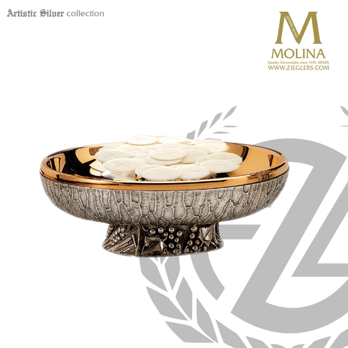 Grape and wheat open ciborium with antique silver plate finish stands 2 and 7 eighths inches high  holds up to  550 host made in spain by artistic silver AS4008CBOSPGL