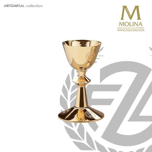 hand engraved 14 ounce chalice in gold plate finish stands 8 and 1 eighth inches high comes with paten made in Spain by Molina AS5205 hand engraved 14 ounce chalice in gold plate finish stands 8 and 1 eighth inches high comes with paten made in Spain by Molina AS5205