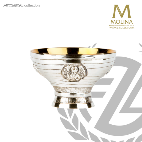 open ciborium stands 4 inches high with 5 and 7 eighths inch diameter bowl and silver plate finish made in Spain by Molina AS5357CBOSP open ciborium stands 4 inches high with 5 and 7 eighths inch diameter bowl and silver plate finish made in Spain by Molina AS5357CBOSP