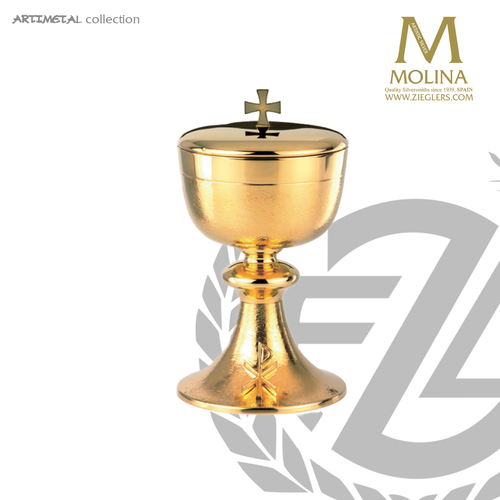 Chi Rho covered ciborium stands 7-1/2 inches high with 4-1/8 inch bowl diameter in gold plate finish Spain by Molina AS5331CBGP Chi Rho covered ciborium stands 7-1/2 inches high with 4-1/8 inch bowl diameter in gold plate finish Spain by Molina AS5331CBGP