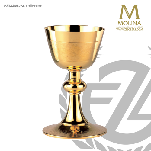 cross chalice stands 7 and 1 eighths inches high with polish and textured 24 karat gold plate finish made in spain by artistic silver AS5310CGP
 cross chalice stands 7 and 1 eighths inches high with polish and textured 24 karat gold plate finish made in spain by artistic silver AS5310CGP