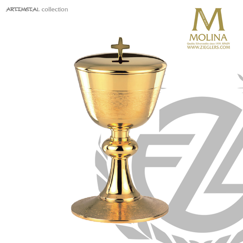 Covered ciborium stands 7 and 1 eighth inches high with 4 and 1 eighth inch bowl diameter in gold plate finish Spain by Molina AS5311cbgp Covered ciborium stands 7 and 1 eighth inches high with 4 and 1 eighth inch bowl diameter in gold plate finish Spain by Molina AS5311cbgp