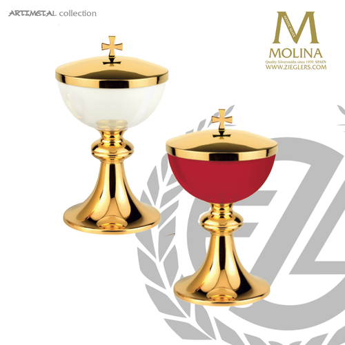 red or white Enameled covered ciborium stands 8 inches high with 24 karat gold plate finish made in Spain by Molina AS53 red or white Enameled covered ciborium stands 8 inches high with 24 karat gold plate finish made in Spain by Molina AS53