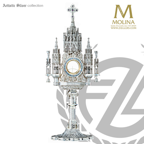 ornate Gothic style  monstrance stands 30 inches high with amethyst and cloisonné embellishment and choice of silver or gold finish made in spain by Molina AS7293 ornate Gothic style  monstrance stands 30 inches high with amethyst and cloisonné embellishment and choice of silver or gold finish made in spain by Molina AS7293