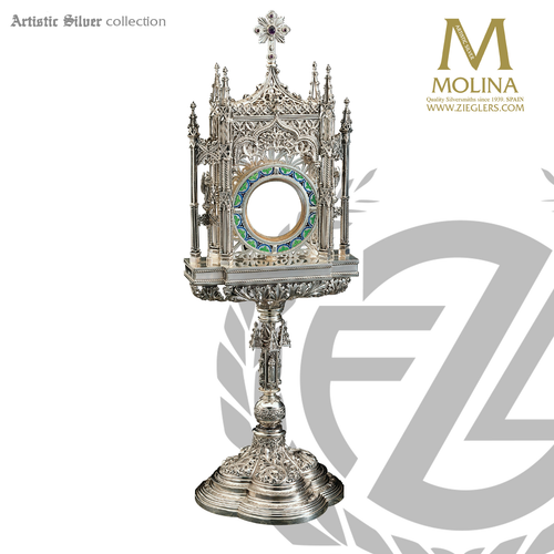 gothic style monstrance stands 21 and 1 half inches tall with open filigree and cloisonné halo made in spain by molina AS7295 gothic style monstrance stands 21 and 1 half inches tall with open filigree and cloisonné halo made in spain by molina AS7295