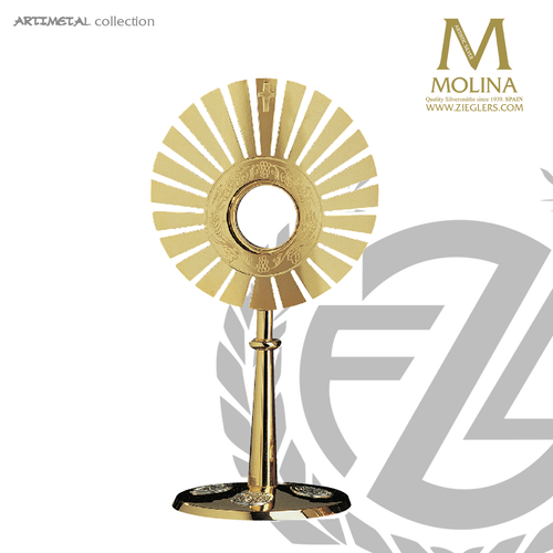Sunburst monstrance stands 17 and 3 quarters inches tall with two tone finish made in spain by molina AS5538MGSP Sunburst monstrance stands 17 and 3 quarters inches tall with two tone finish made in spain by molina AS5538MGSP