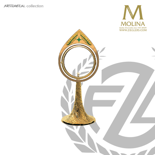 Large host ostensorium stands 17 and 3 quarters inches tall with green and yellow enamel accents made in spain by molina AS7310ogp Large host ostensorium stands 17 and 3 quarters inches tall with green and yellow enamel accents made in spain by molina AS7310ogp