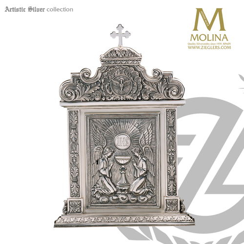 Blessed Sacrament tabernacle stands 20 inches high with kneeling angels and silver or gold finish made in spain by molina as4097 Blessed Sacrament tabernacle stands 20 inches high with kneeling angels and silver or gold finish made in spain by molina as4097