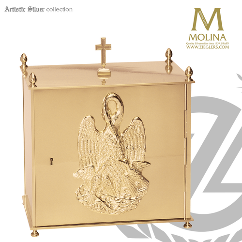 Pelican tabernacle stands 13 inches high with cross on top and choice of 2 finishes made in spain by molina as5575 Pelican tabernacle stands 13 inches high with cross on top and choice of 2 finishes made in spain by molina as5575