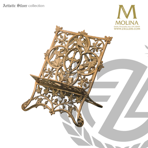 Four evangelists Bookrest with cross filigree and symbols stands 11 and 3 quarters inches high available in gold or silver finish made in spain by molina AS6010 Four evangelists Bookrest with cross filigree and symbols stands 11 and 3 quarters inches high available in gold or silver finish made in spain by molina AS6010