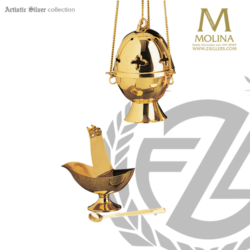 Rounded Cross incense set includes thurible boat and spoon with a  high polish brass finish by molina as5541
