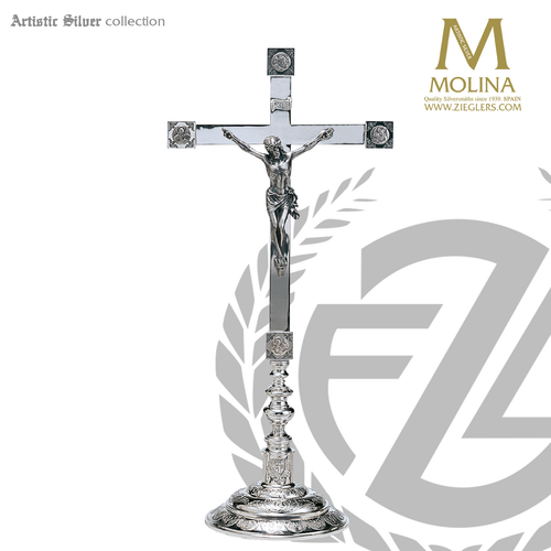 altar Crucifix with engraved embellishments stands 27 and 1 half inches high with choice of brass or silver plate finish made in spain by molina AS3572 altar Crucifix with engraved embellishments stands 27 and 1 half inches high with choice of brass or silver plate finish made in spain by molina AS3572