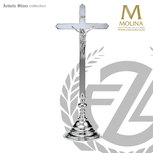 altar Crucifix with accent node stands 27 and 1 half inches high with choice of brass or silver plate finish made in spain by molina AS3552 altar Crucifix with accent node stands 27 and 1 half inches high with choice of brass or silver plate finish made in spain by molina AS3552