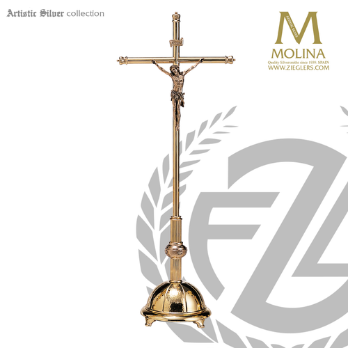 altar Crucifix with footed base and accent node stands 27 and 1 half inches high with choice of brass or silver plate finish made in spain by molina AS3562 altar Crucifix with footed base and accent node stands 27 and 1 half inches high with choice of brass or silver plate finish made in spain by molina AS3562