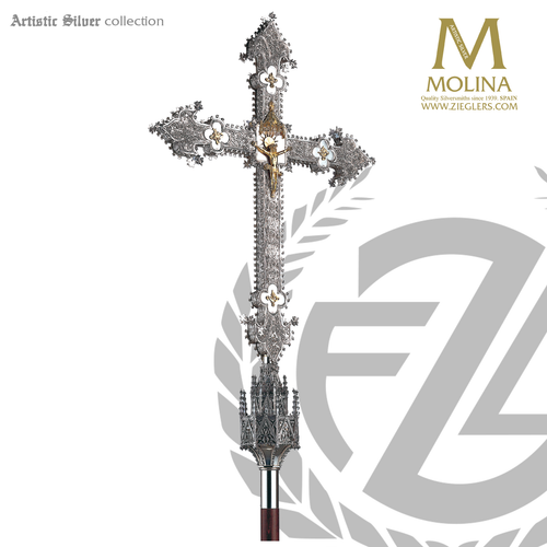 Gothic processional Crucifix with handworked filigree stands 92 inches high overall with silver plate finish made in spain by molina as915 Gothic processional Crucifix with handworked filigree stands 92 inches high overall with silver plate finish made in spain by molina as915