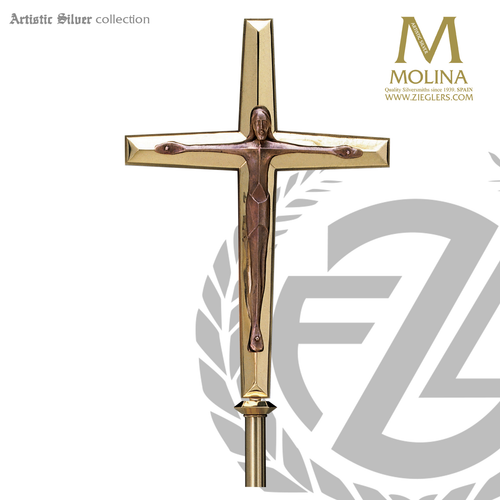 Modern processional Crucifix with copper Corpus and choice of brass or silver finish made in spain by molina as812 Modern processional Crucifix with copper Corpus and choice of brass or silver finish made in spain by molina as812