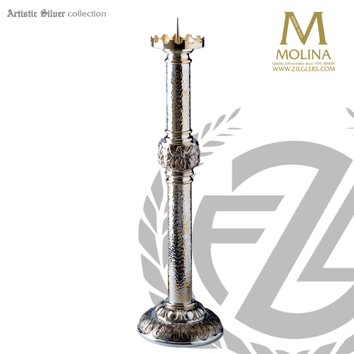Four Evangelists paschal candlestick with hand hammered finish stands 43 and 1 half inches high vrass or silver plate finish made in spain by molina as923 Four Evangelists paschal candlestick with hand hammered finish stands 43 and 1 half inches high vrass or silver plate finish made in spain by molina as923