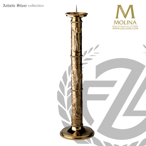 Life of Christ paschal candlestick with 3 engravings stands 43 and 1 half inches high with square base in brass or silver finish made in spain by molina as924 Life of Christ paschal candlestick with 3 engravings stands 43 and 1 half inches high with square base in brass or silver finish made in spain by molina as924