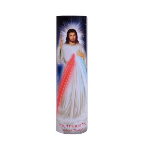 Divine mercy devotional electric candle stands 8 inches tall with english and spanish chaplet lights via 2 A A batteries TSCC8001 Divine mercy devotional electric candle stands 8 inches tall with english and spanish chaplet lights via 2 A A batteries TSCC8001