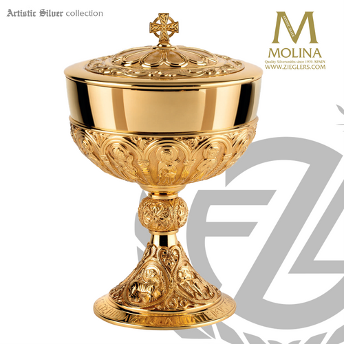 Romanesque Covered Ciborium Oversize 9-1/2"x 6-1/2" 12 Apostles 500 Host Capacity AS1971L Spain Romanesque Covered Ciborium Oversize 9-1/2"x 6-1/2" 12 Apostles 500 Host Capacity AS1971L Spain