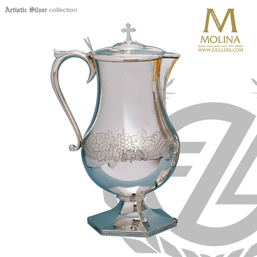 Grapes  and wheat flagon stands 11 inches tall with hand engraving and silver plate finish made in spain by molina as1839 Grapes  and wheat flagon stands 11 inches tall with hand engraving and silver plate finish made in spain by molina as1839