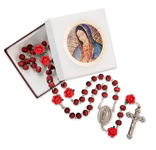 Our Lady of Guadalupe Rose Scented Wood Rosary with Heart Crucifix