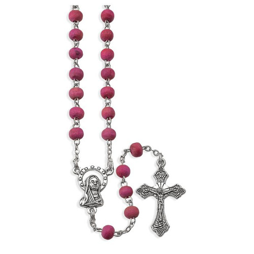 Rose Scented Red Wood Rosary with Blessed Mother Centerpiece close up
