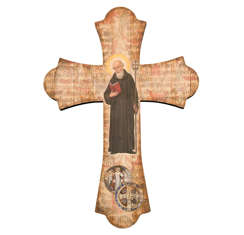 Saint benedict wall cross with flared ends and vintage look measures 12 inches high made of wood HI364645 Saint benedict wall cross with flared ends and vintage look measures 12 inches high made of wood HI364645