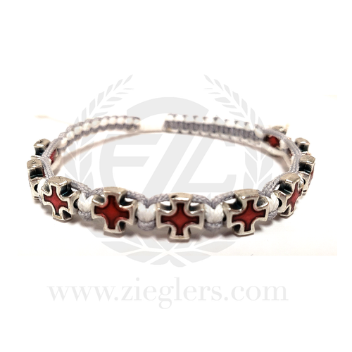 Red Enamel Cross Gray and White Corded Bracelet MJWCRWLG Red Enamel Cross Gray and White Corded Bracelet MJWCRWLG