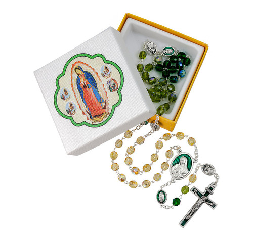 Our Lady of Guadalupe Rosary with three Colors of  Glass Beads in a Devotional Box Style 1334 Our Lady of Guadalupe Rosary with three Colors of  Glass Beads in a Devotional Box Style 1334