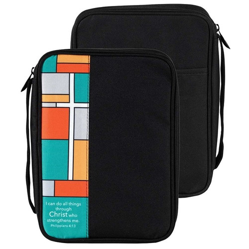 Bible-Case-with-Philiappians-4-13-and-Contemporary-Cross-made-of-Black-polyester-with-zipper-and-handle-is-6-and-1-half-by-9-and-1-half-by-1-and-3-quarter-inches-DIBCK705-BK-705