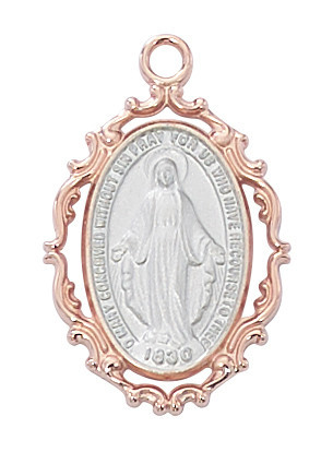 1 inch sterling silver Miraculous Medal Pendant with Rose Gold border on 18 inch chain MAJR790