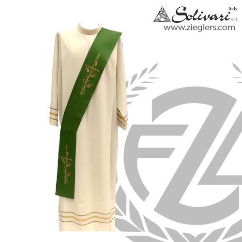 100 percent polyester deacon stole with cross and wheat embroidery available in 5 colors made in italy by solivari 