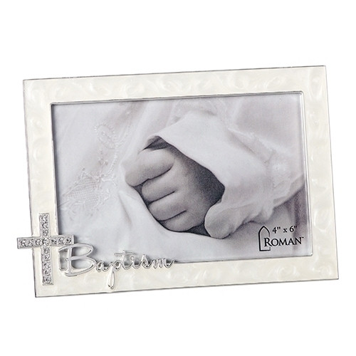 Baptism Frame Rhinestone Cross Accent 4" x 6" Photo Zinc Alloy style 10909 Baptism Frame Rhinestone Cross Accent 4" x 6" Photo Zinc Alloy style 10909
