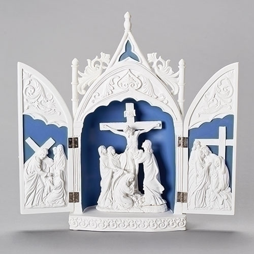 Triptych Crucifixion in Blue Della Robbia size 14" 22513 Triptych Crucifixion in Blue Della Robbia size 14" 22513