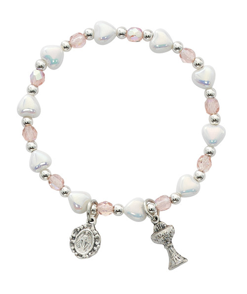 First Communion Bracelet White Pearl Heart Chalice Charm MABR741C 