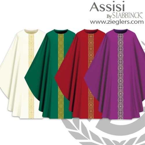 gothic style chasuble with single orphrey on front and back available in green red white and purple made of 100 percent man made fibers from slabbinck in belgium sl701011