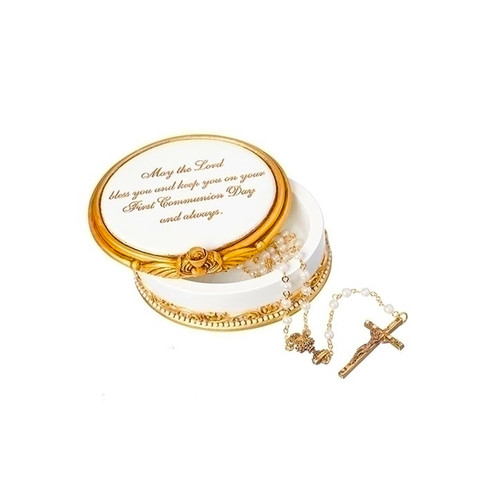 First Communion Rosary Holder keepsake box made of Resin Stone Mix with Gold Accents stands 2 inches high 604010 First Communion Rosary Holder keepsake box made of Resin Stone Mix with Gold Accents stands 2 inches high 604010