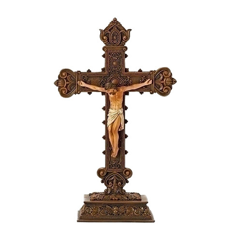 standing Crucifix with wood look cross and porcelain look Corpus has ornate filigree design made of resin 68178 standing Crucifix with wood look cross and porcelain look Corpus has ornate filigree design made of resin 68178