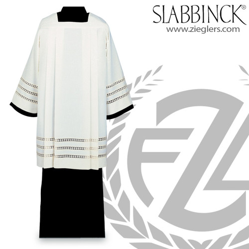 Surplice with square neckline and open embroidered bands comes in 3 sizes by slabbinck of belgium 14-945 Surplice with square neckline and open embroidered bands comes in 3 sizes by slabbinck of belgium 14-945