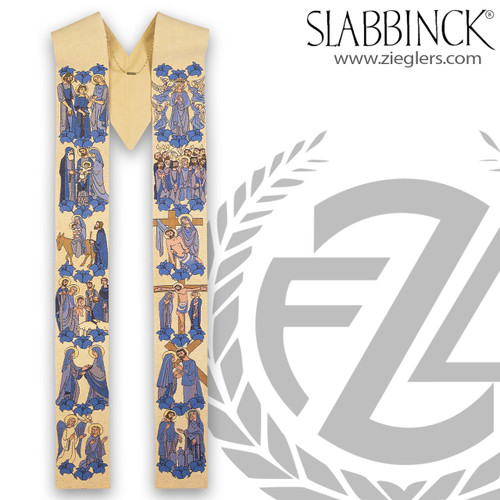 57 inch overlay stole with embroidered images from life of Mary made from viscose by slabbinck of belgium 50-3309 57 inch overlay stole with embroidered images from life of Mary made from viscose by slabbinck of belgium 50-3309