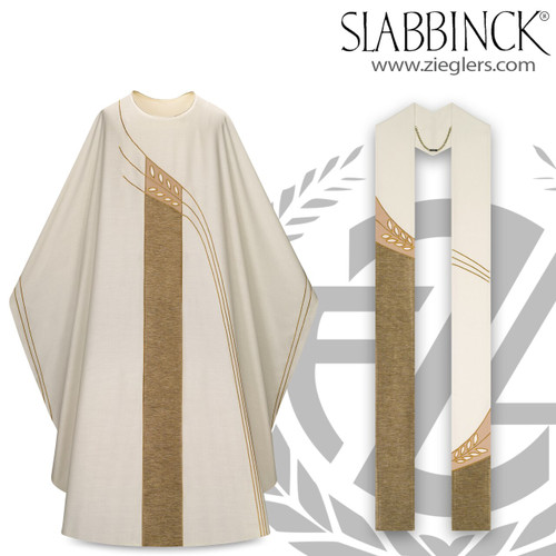 Gothic Chasuble and Overlay Stole Set with modern wheat design on white fabric from Slabbinck of belgium 5121 50-5122 Gothic Chasuble and Overlay Stole Set with modern wheat design on white fabric from Slabbinck of belgium 5121 50-5122