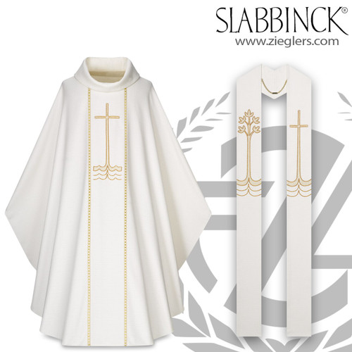 Gothic Chasuble and Overlay Stole Set with tree and crosses design on white fabric from Slabbinck of belgium 3921 50-3922 Gothic Chasuble and Overlay Stole Set with tree and crosses design on white fabric from Slabbinck of belgium 3921 50-3922
