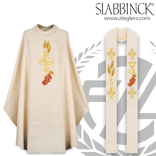 Gothic Chasuble and Overlay Stole Set with symbols of the Eucharist design on white fabric from Slabbinck of belgium 2155 50-2156 Gothic Chasuble and Overlay Stole Set with symbols of the Eucharist design on white fabric from Slabbinck of belgium 2155 50-2156