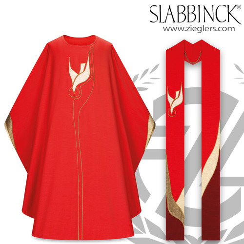 Confirmation chasuble and stole set with dove of holy spirit on red poly viscose blend by slabbinck of italy 50-5127 5126 Confirmation chasuble and stole set with dove of holy spirit on red poly viscose blend by slabbinck of italy 50-5127 5126