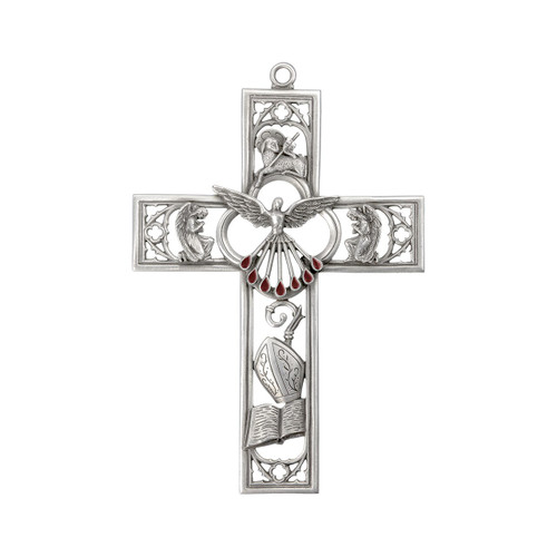 Confirmation Wall Cross with Holy Spirit Agnus Dei angels crozier miter and bible in open work pewter design with red enamel accent measures 6 inches 2095-651 Confirmation Wall Cross with Holy Spirit Agnus Dei angels crozier miter and bible in open work pewter design with red enamel accent measures 6 inches 2095-651