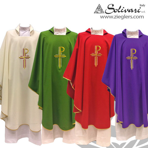 gothic style polyester chasuble with square roll collar has embroidered chi rho and gold trim edge 62 and 1 half inches long from solivari of italy 633 gothic style polyester chasuble with square roll collar has embroidered chi rho and gold trim edge 62 and 1 half inches long from solivari of italy 633