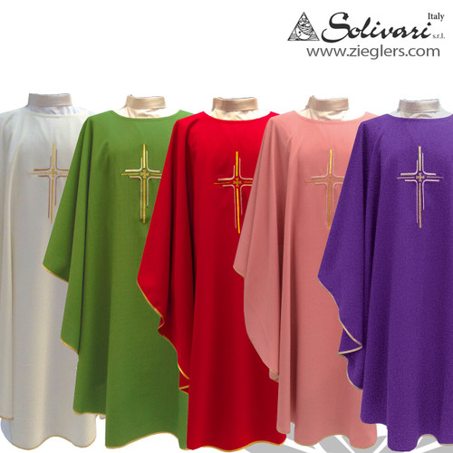 Gothic Chasuble |  Silver & Gold Cross | Plain Collar | 5 Colors | Polyester | Solivari | Italy | 334 Gothic Chasuble |  Silver & Gold Cross | Plain Collar | 5 Colors | Polyester | Solivari | Italy | 334