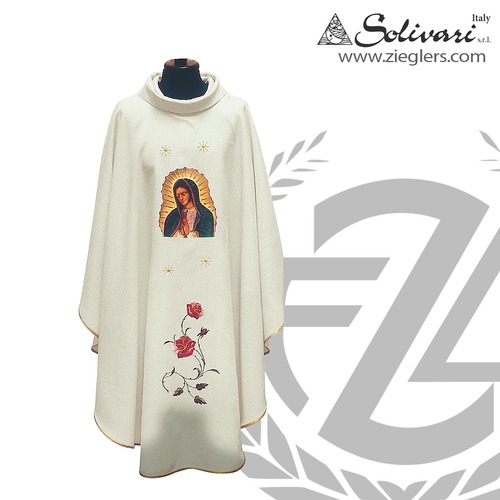white gothic style Chasuble with Our Lady of Guadalupe and roses on front and back made of polyester measures 51 inches long from solivari of italy 858F51 white gothic style Chasuble with Our Lady of Guadalupe and roses on front and back made of polyester measures 51 inches long from solivari of italy 858F51