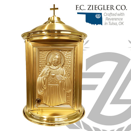 round brass tabernacle with resin low relief image of Sacred Heart of Jesus on door measures 30 inches high with 14 inch diameter 7201